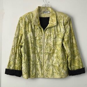 Anage Lemon Green Floral Zip Jacket with Polka Dot Lining
